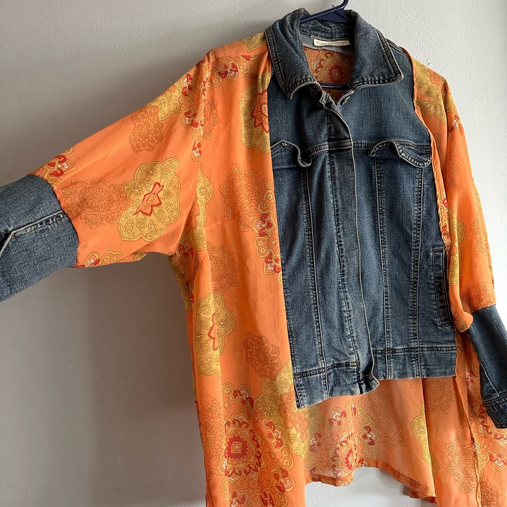 Denim and Orange Patterned Women's Jacket
